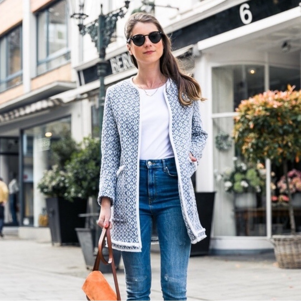 Zara Blue & White Patterned Longline Coat